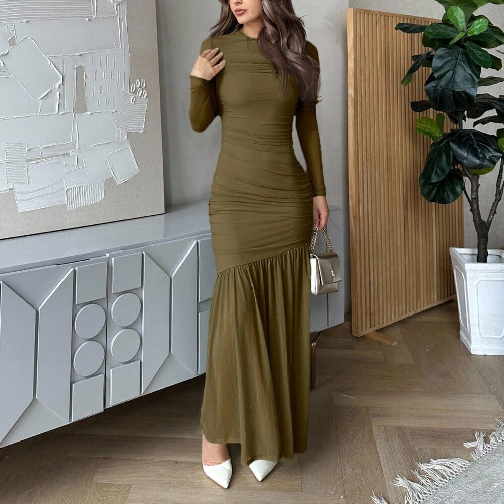 Army Green Elegant Women's Long Sleeve Mesh Dress